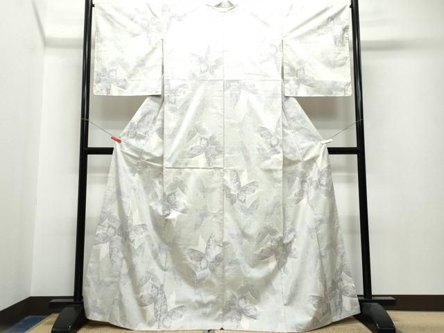 平和屋着物○都喜ヱ門 本場大島紬 白大島 9マルキ 舞蝶花文 藤絹織物