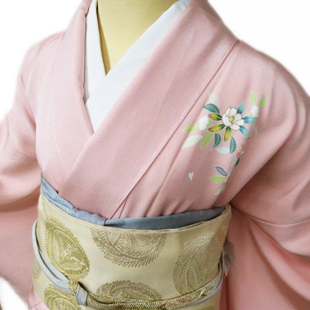 作家物 小紋 一つ紋 友禅 椿の花の飛び柄 正絹 広衿 袷 着物 翼-413 作家物 小紋 一つ紋 友禅 椿の花の飛び柄 正絹 広衿