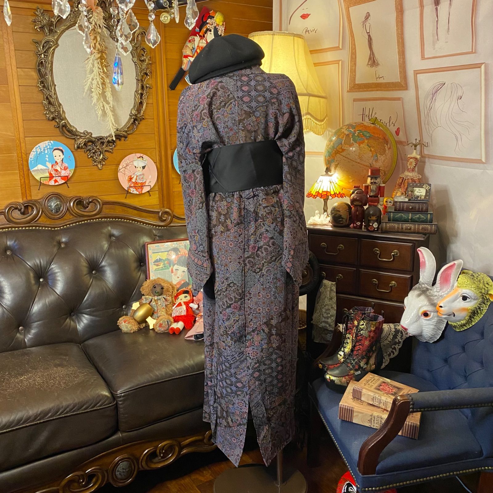 着物 セミロング ワンピース ドレス ハンドメイド リメイク 重ね衿 襟  