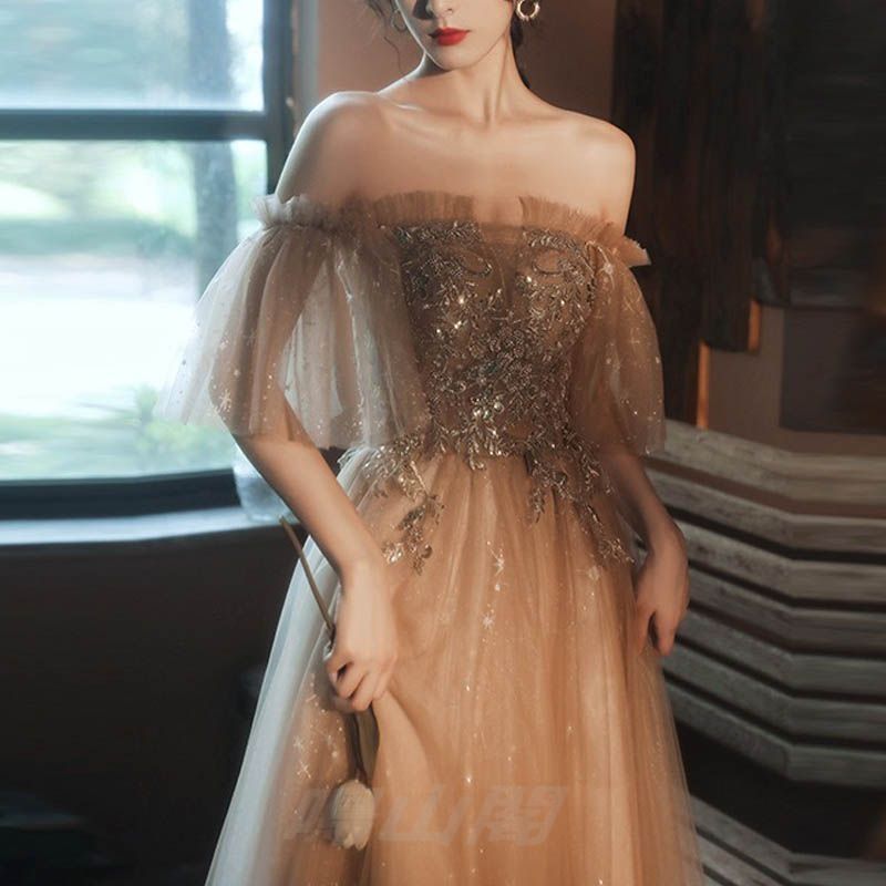 【値下げ】ウエディング　カラードレス　シャンパンゴールド　オフショルダー カラードレス シャンパン オフショルダー ロングドレス 結婚式