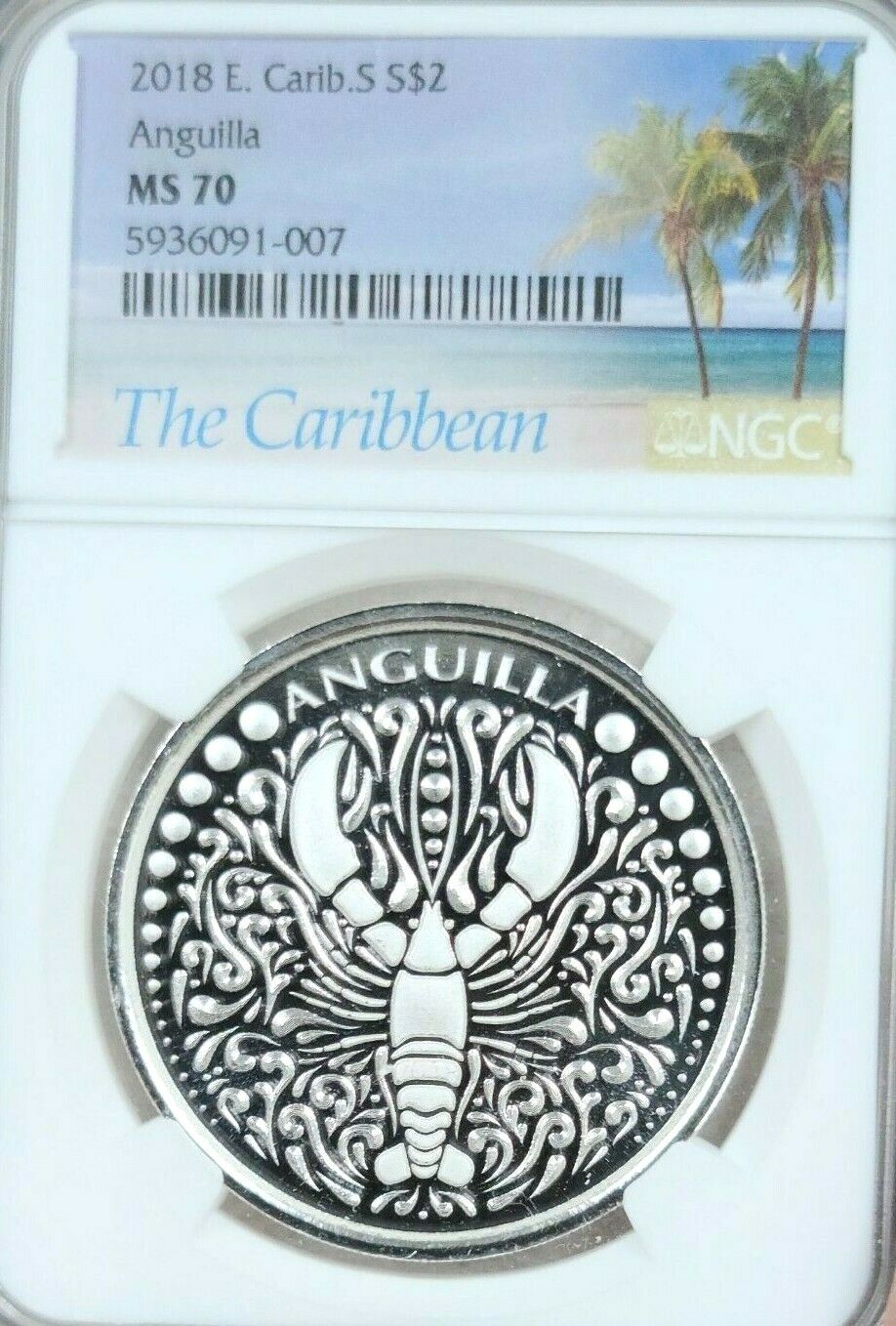 2018 EAST CARIBBEAN STATES SILVER 2 DOLLARS LOBSTER NGC MS 70 SCARCE