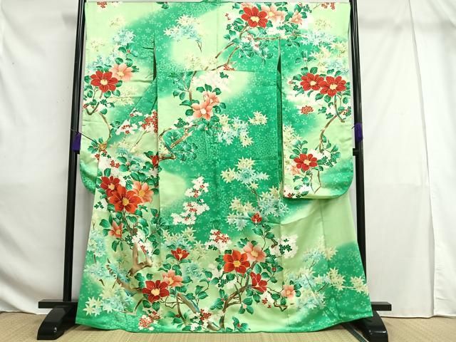 Ivy✺美品 正絹 花草文 トールサイズ 振袖 着物 A1755 振袖 身丈175cm 裄丈69cm L 袷 落款あり 薔薇 草花 金彩 紺色