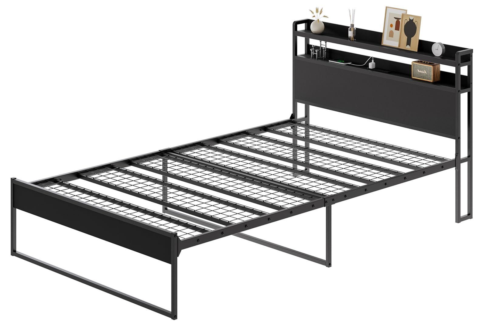 人気商品 収納付きベッド スチールベッド 高耐荷重 カビ防止 パイプベッド アイアンベッド 脚付き 2段宮棚付き フレームのみ ベッドフレーム シングルベッド 頑丈 USB-2口コンセント 木製 SINNONAKA アイボリーブラック