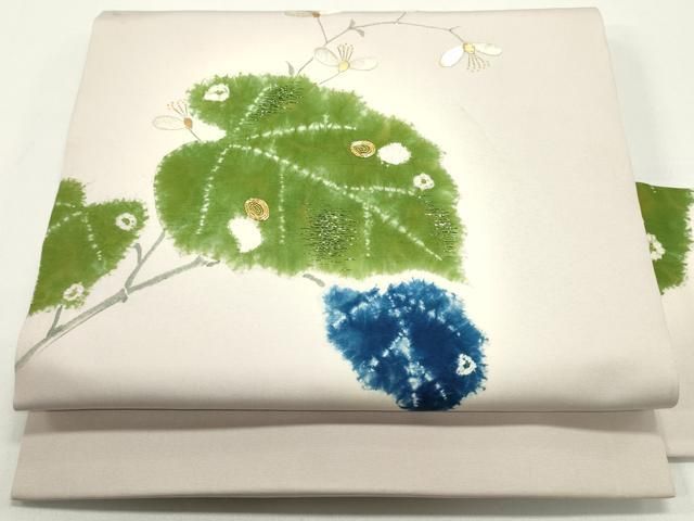 平和屋着物●塩瀬 九寸名古屋帯 駒刺繍 草花文 薄梅鼠色 金糸 正絹 DAAW6607ob