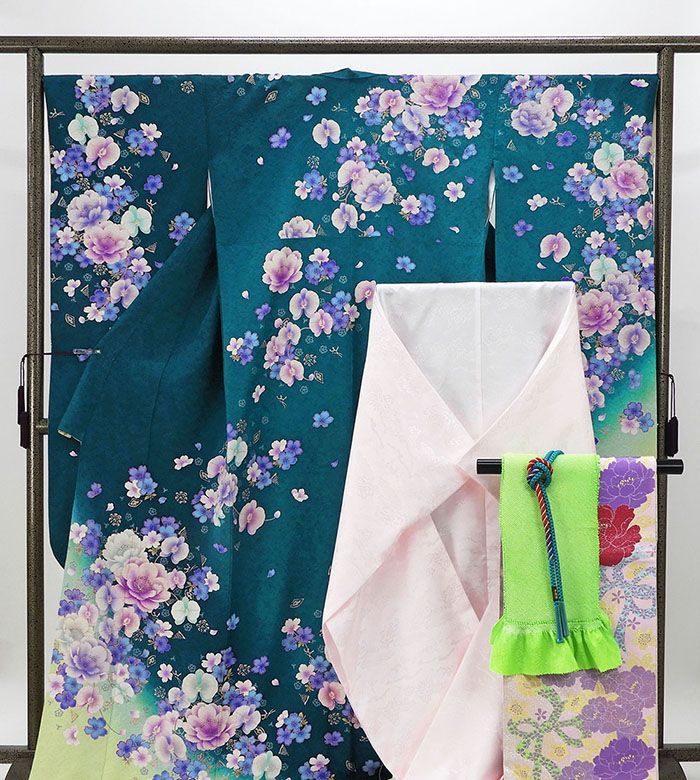振袖 正絹 蘭花模様 5点セット 身丈171.5cm 裄丈67.5cm 袋帯 長襦袢 帯締め 帯揚げ 振袖セット リサイクル 着物 e4085