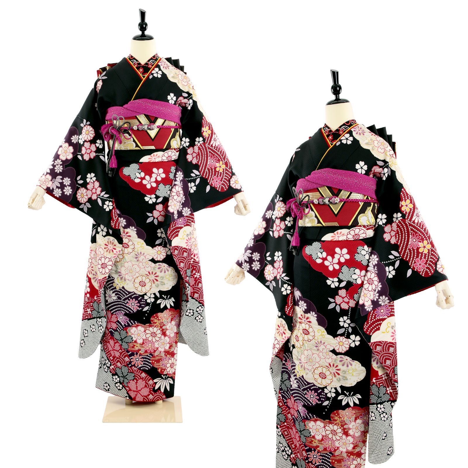 美品　振袖セット　黒　桜　蘭　絞り 黒桜 | 振袖レンタル
