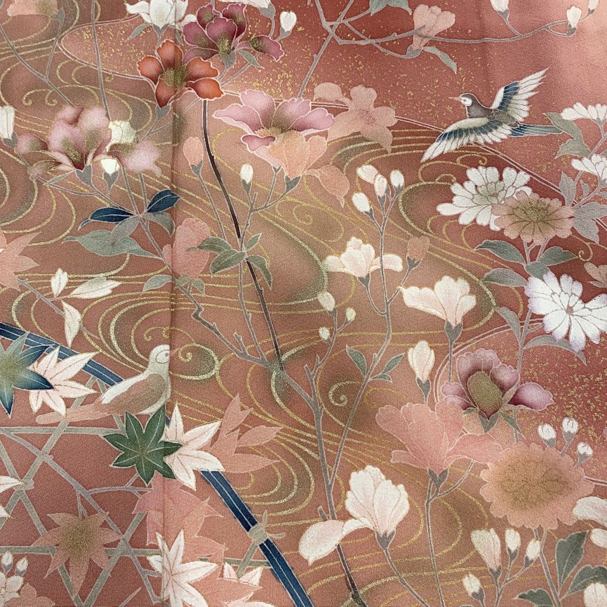 バイセル 着物 名品 訪問着 薄茶色 草花 柴垣 流水 橋 縮緬 正絹 袷（10月～5月） 156cm Mサイズ☆☆☆☆