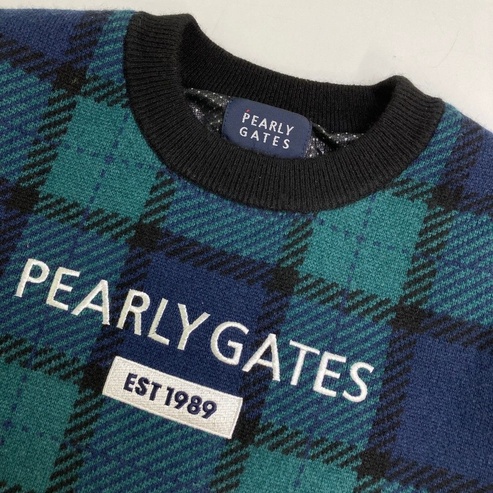 サイズ：0 PEARLY GATES パーリーゲイツ  裏地付 カシミヤ ニット セーター チェック柄 グリーン系 [240101463512] ゴルフウェア レディース ストスト サイズ：0 PEARLY GATES パーリーゲイツ 裏地付 カシミヤ ニット