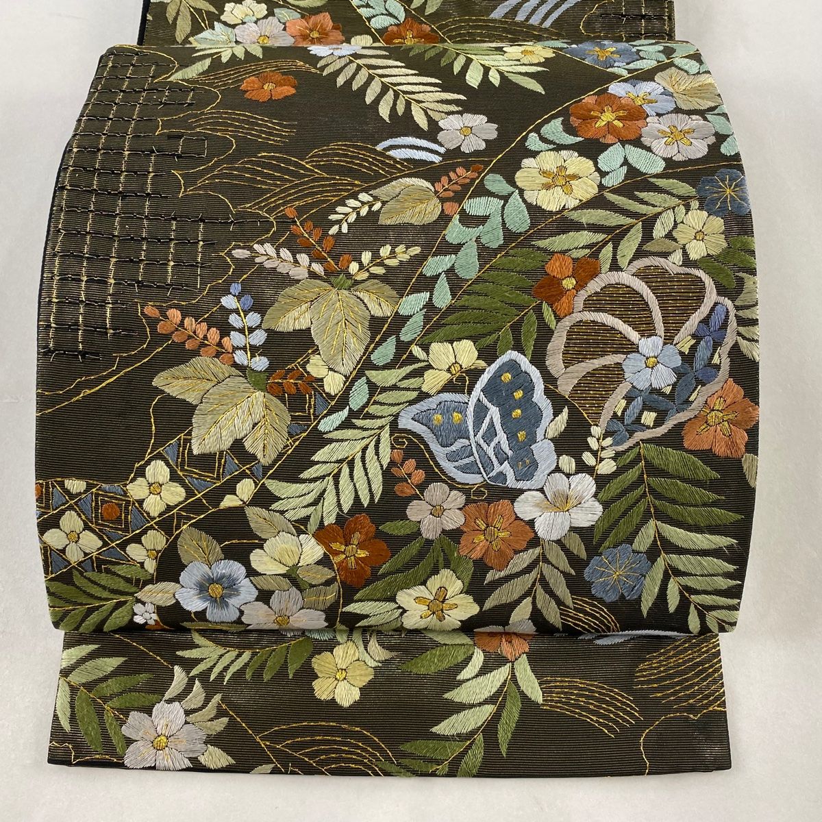 袋帯 美品 名品 落款あり 関西仕立て 幾何学模様 金銀糸 黒灰 六 袋帯 美品 名品 落款あり 関西仕立て 幾何学模様 金銀糸 黒灰 六