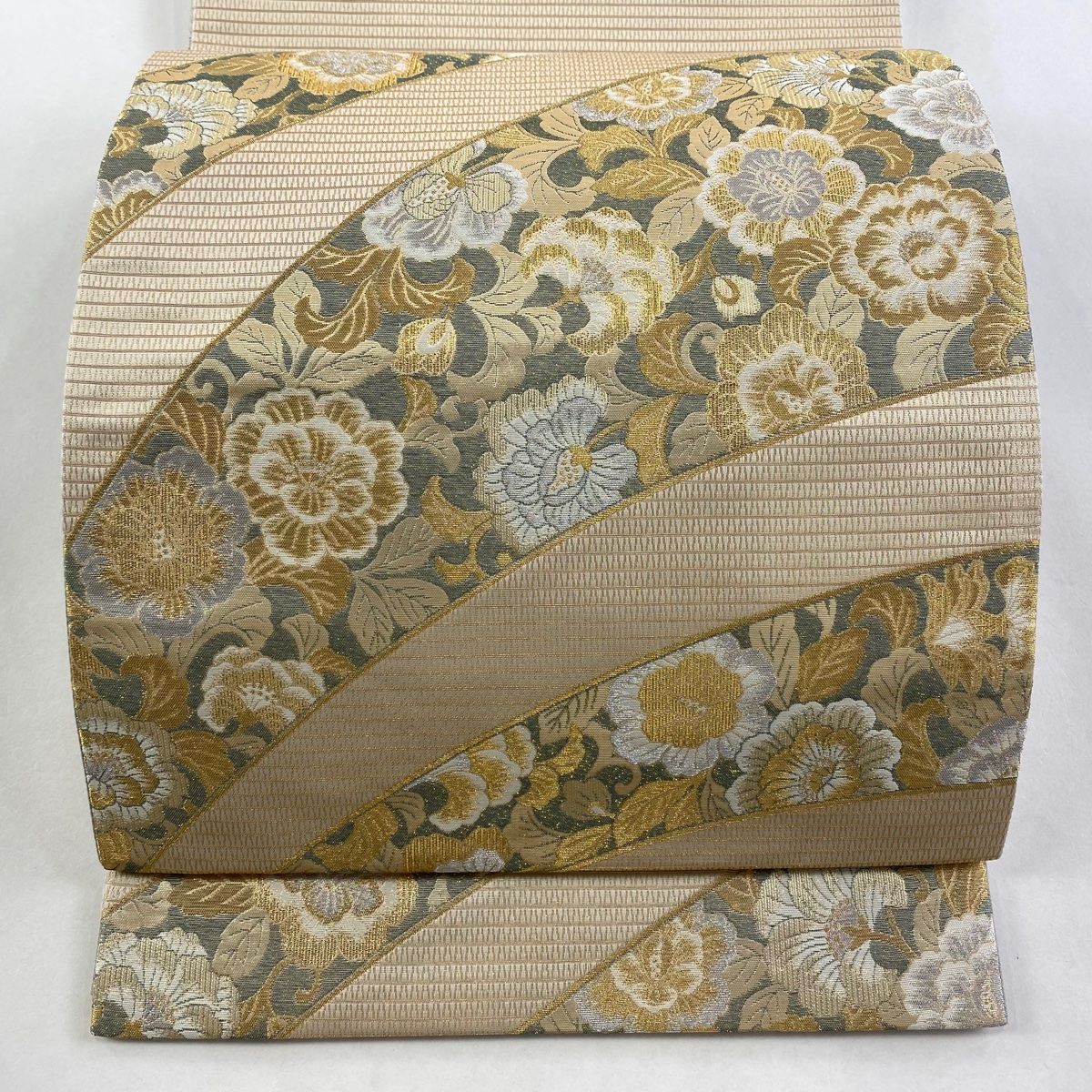 袋帯 秀品 草花 縞 金銀糸 箔 金色 お太鼓柄 正絹