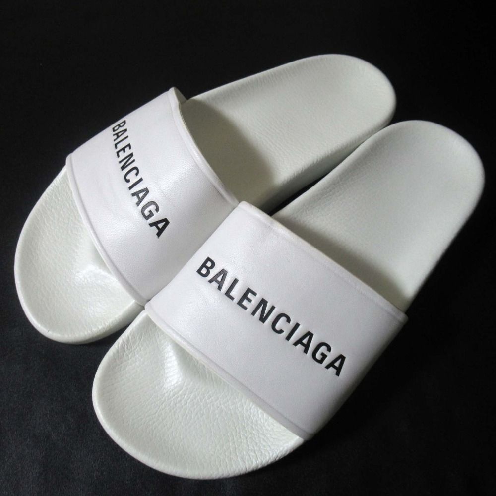 BALENCIAGA バレンシアガ POOL ロゴプリント スライドサンダル 530501 サイズ41 約27cm ホワイト メンズ 古着