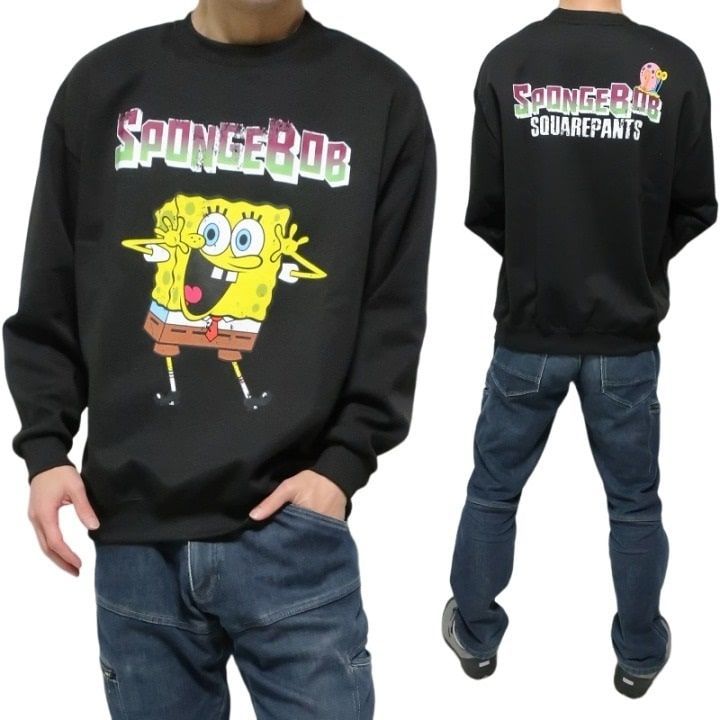 スポンジ・ボブ/SpongeBob キャラクター トレーナー メンズ 薄手 服 長袖 オーバーサイズ グッズ キャラクター スポンジボブ ブラック サイズM