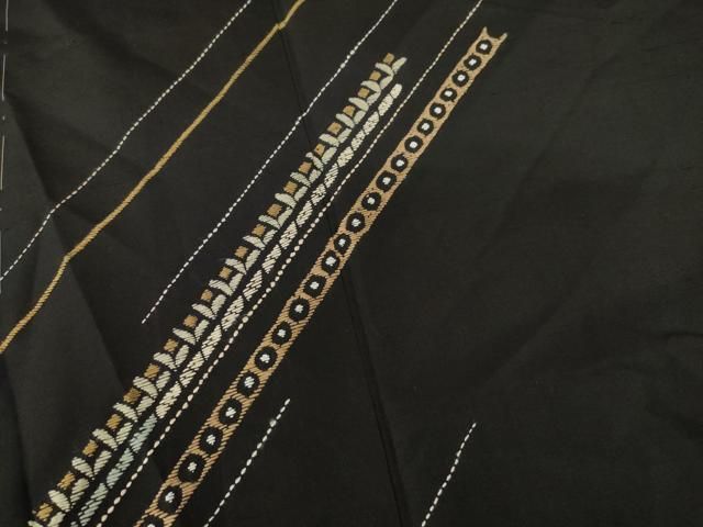 平和屋着物○訪問着 紬地 刺繍 幾何学文様 黒地 正絹 逸品 未