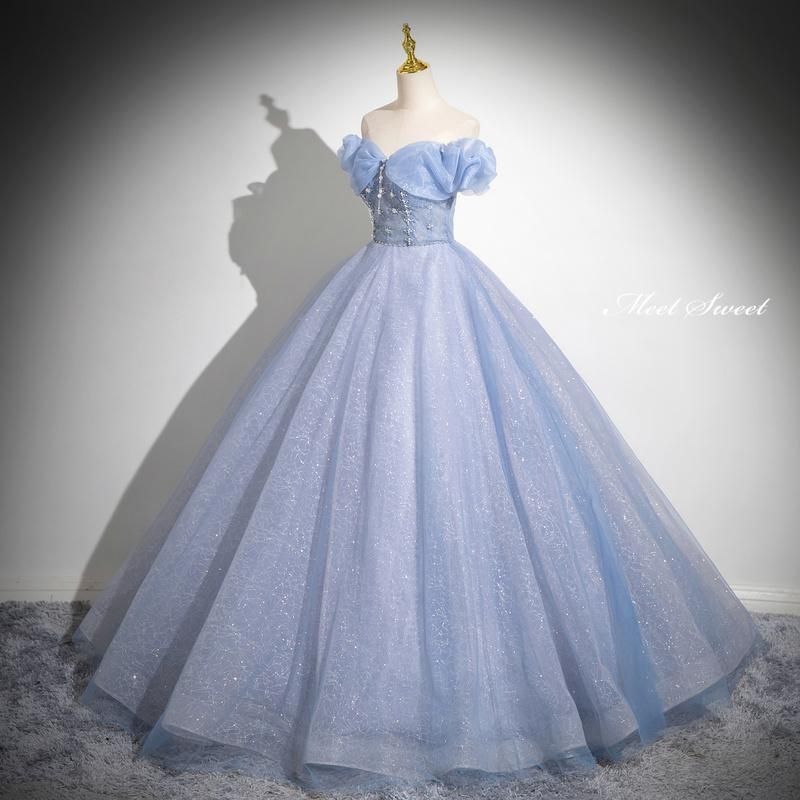 カラードレス プリンセスライン ブルー オフショルダー 編み上げ