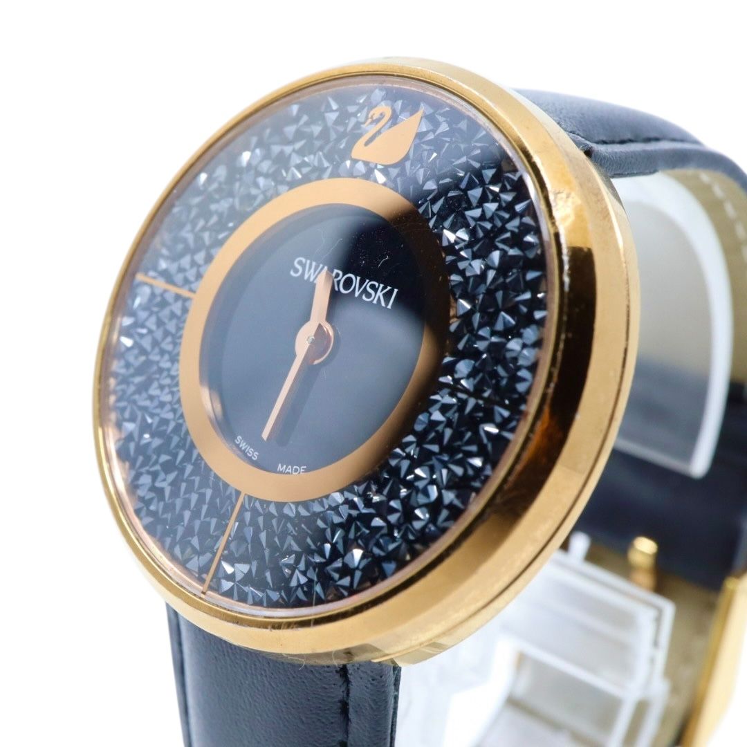 電池交換済 スワロフスキー 腕時計 5045371 レディース クオーツ ゴールド ブラックレザーベルト クリスタル アナログ ドレスウォッチ エレガント ラグジュアリー スワンロゴ スイス製 クリーニング済み G3