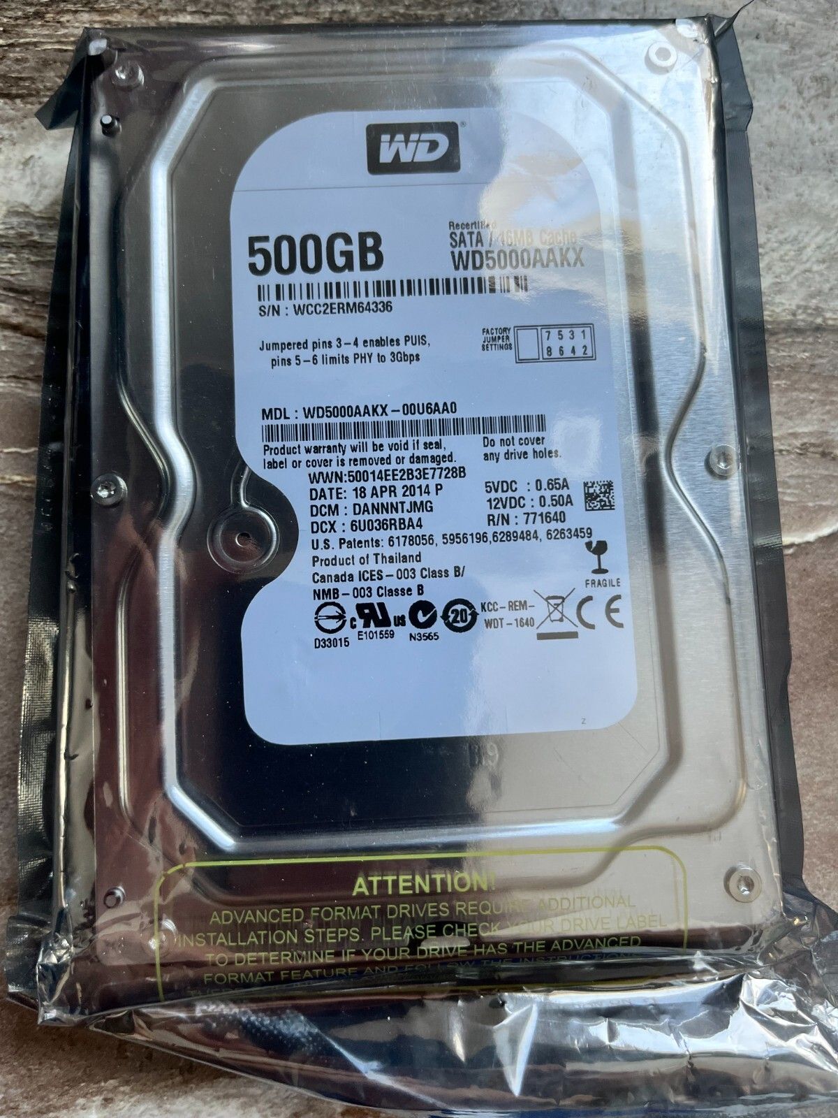 Western Digital 3.5 500 GB Sata Hard Drive Model WD5000AAKX MGF April 2014