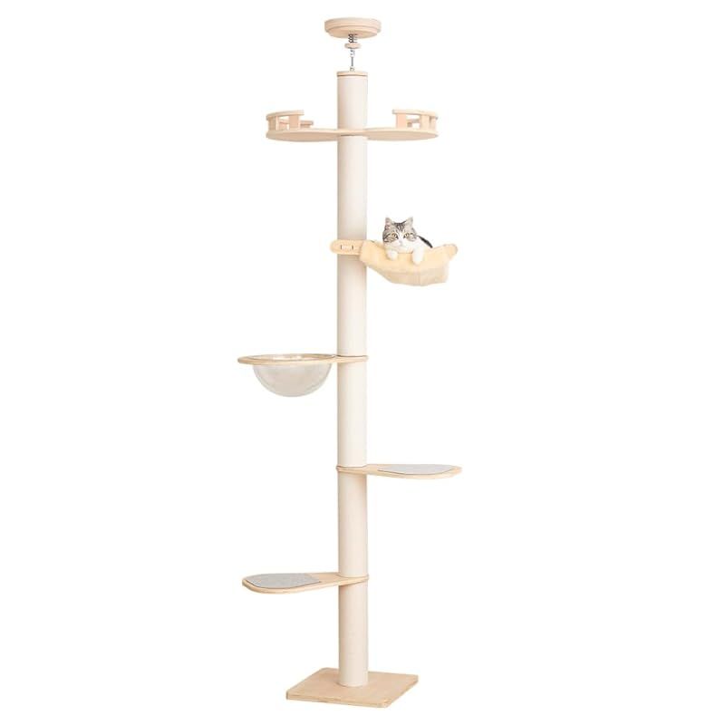 PETTIFUL キャットタワー 突っ張り 木製 大型猫 コットン紐 スリム 木登り 多頭飼い キャットツリー シニア 据え置き 太い支柱 猫タワー 中型 猫キャットタワー おしゃれ コンパクト 省スベース 木製 宇宙船 隠れ家 爪とぎ 安定 高さ203~ 1