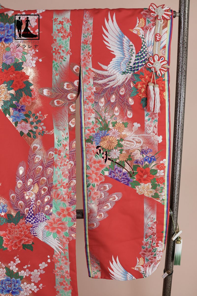 【新品本物】 フォーマル衣装 朱色 正絹 色打掛 八重重ね 孔雀 花車 祝花房 販売 花嫁衣裳 クラレナの cl_kimono2610 品 和装 着物 女性 打掛 【限定品】