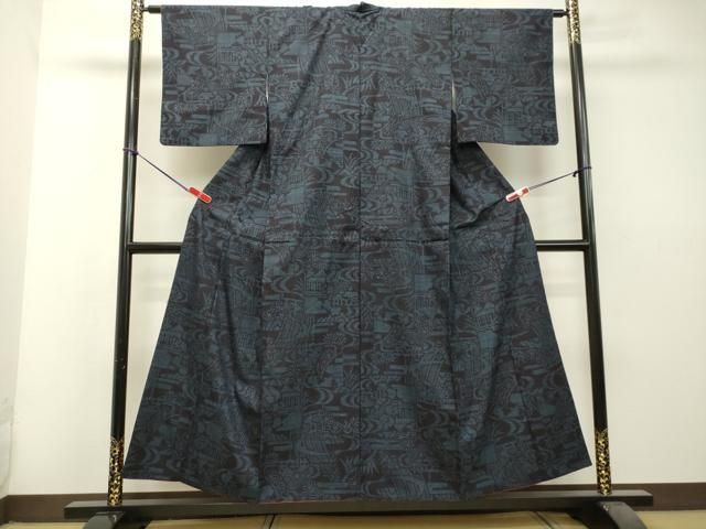 平和屋着物○本場結城紬 重要無形文化財 100亀甲 風景草花文 正絹 逸品