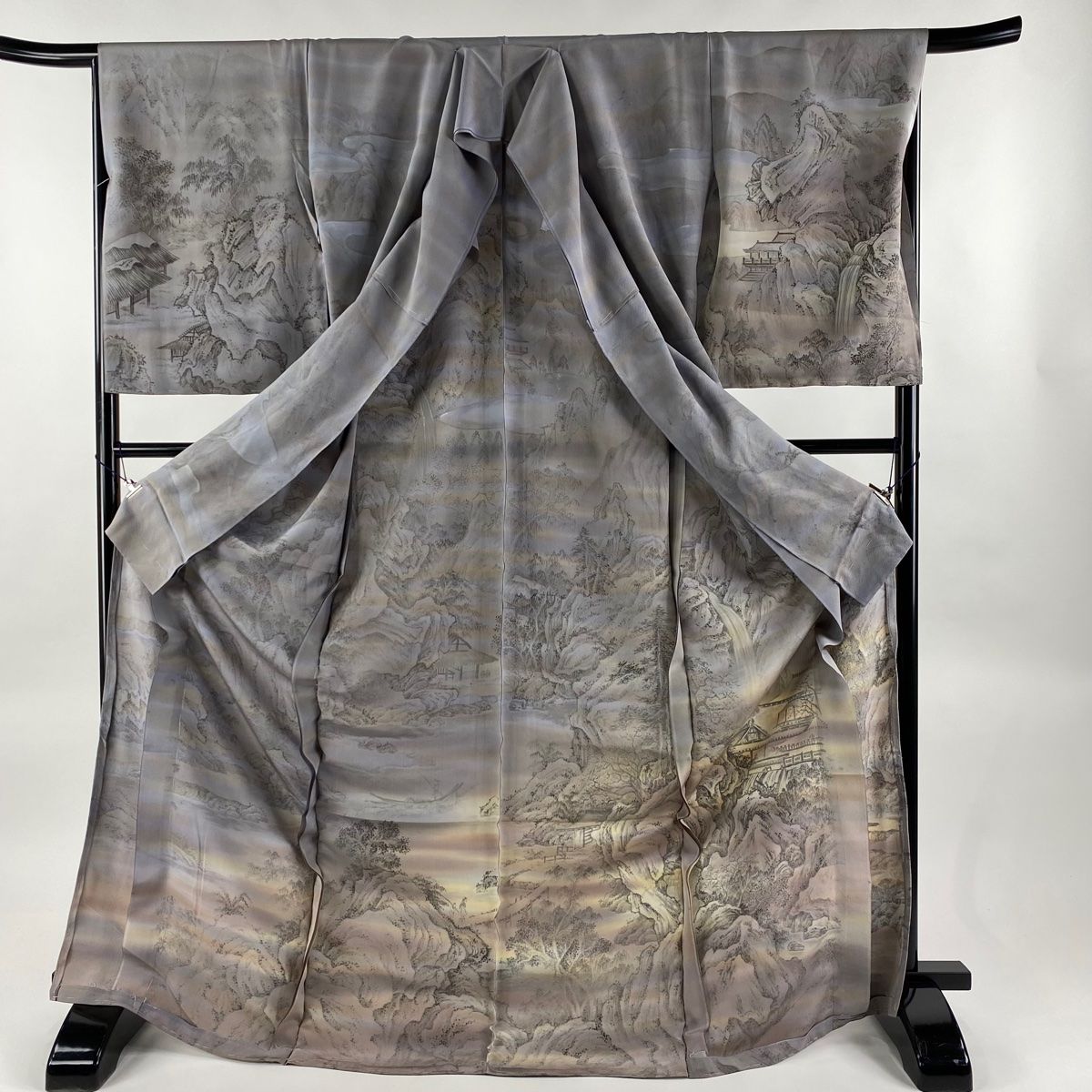 訪問着 身丈177cm 裄丈67.5cm 未仕立て 滝泰 仮絵羽 落款 風景 建物 灰  