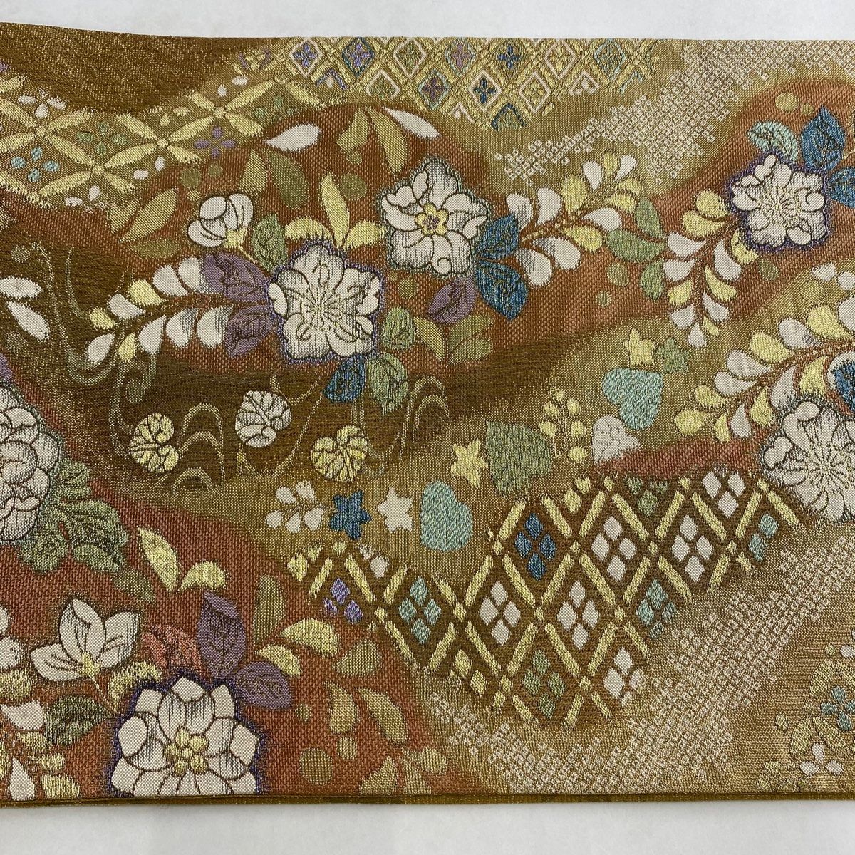 袋帯 美品 秀品 やまと 辻ヶ花柄 花菱 金糸 箔 茶色 全通 正絹 【中古 