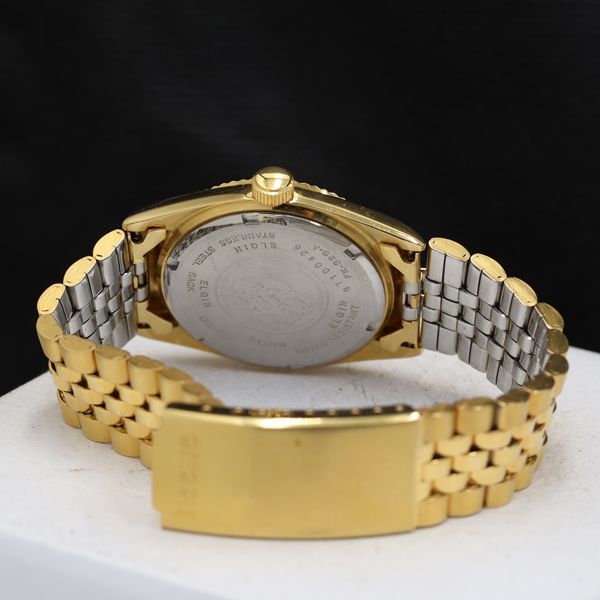 稼働 エルジン FK-329-A 石付 デイト ラウンド QZ ゴールド文字盤