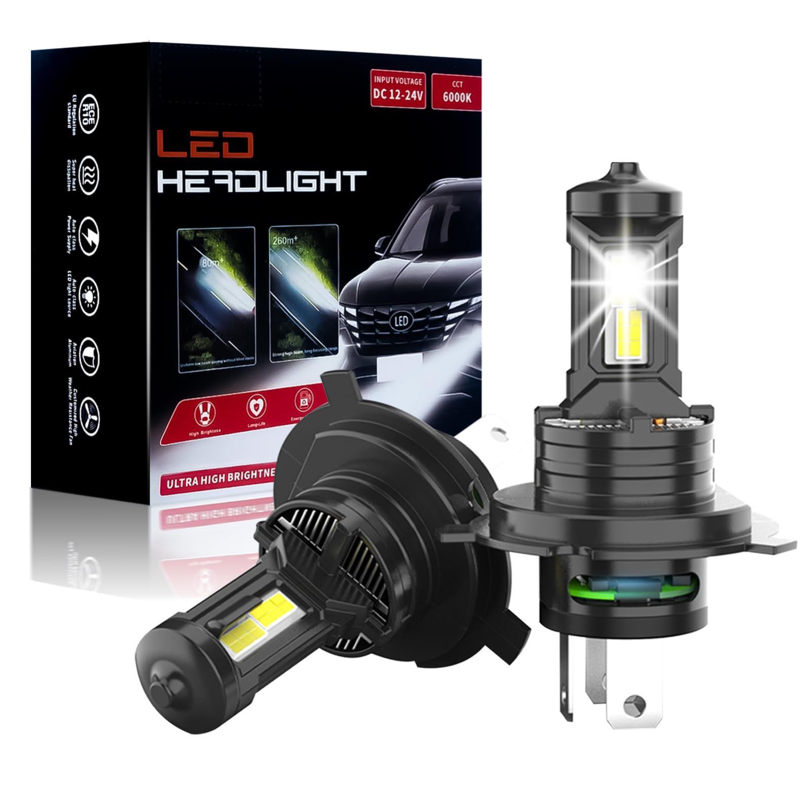 【人気商品】ハロゲンより小さい 最強のカットラインを実現 LEDバルブ H4 H4 取付簡単 純白光 車/バイク用 12v ヘッドライト LED ホワイト 高輝度LEDチップ搭載 Hi/Lo 6000K 14800LM 32W*2 2個セット 静音