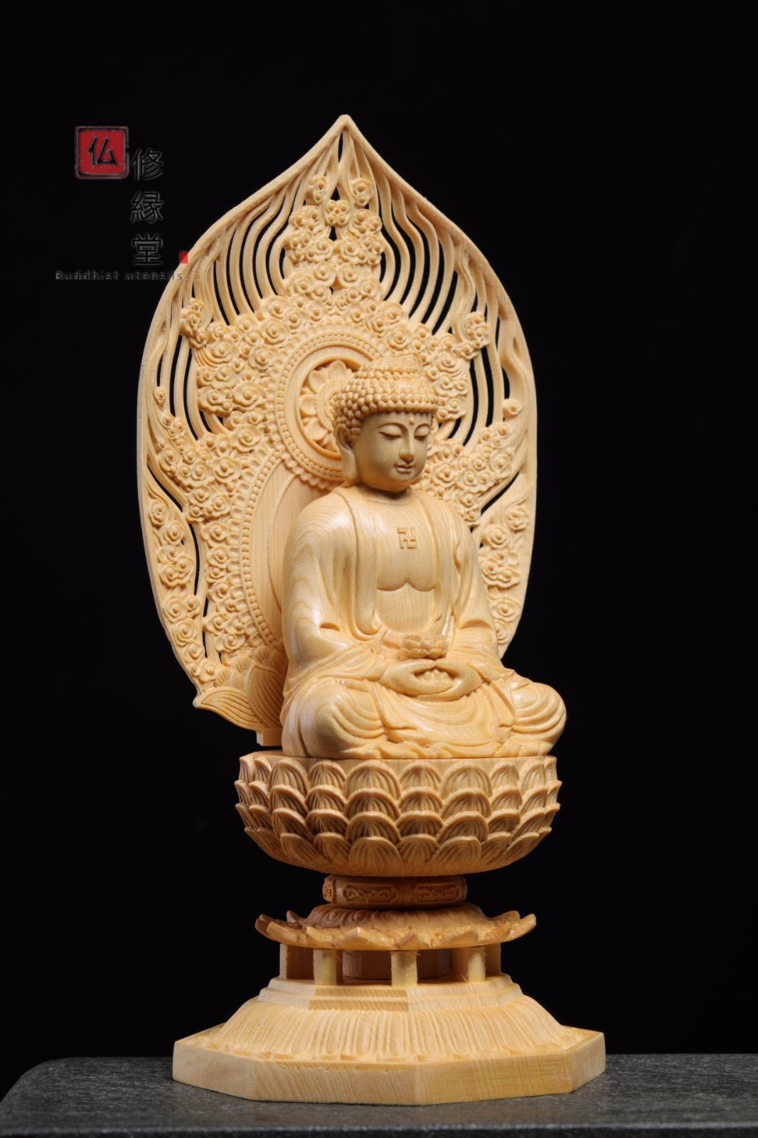 修縁堂】最高級 木彫仏像 阿弥陀三尊立像 彫刻 一刀彫 天然木檜材 仏教