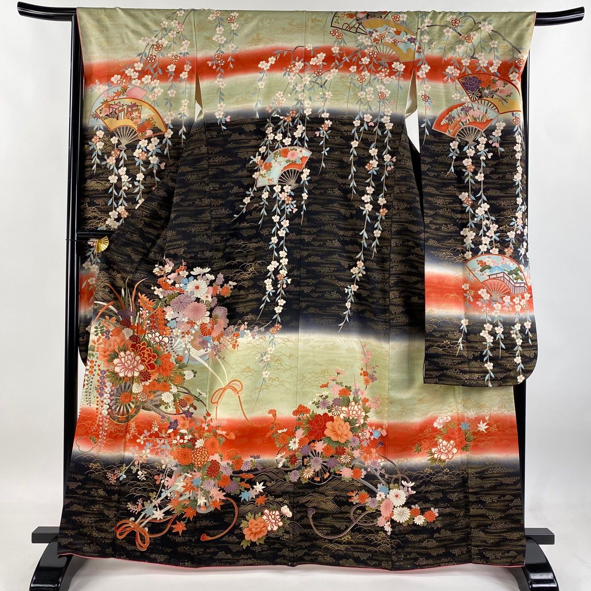 振袖 身丈167cm 裄丈66cm M 袷 谷崎潤一郎の世界 花車 草花 金糸 金彩 抹茶色 正絹 秀品