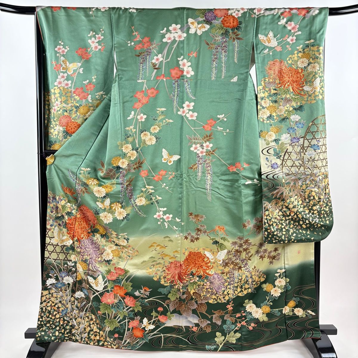 振袖 身丈164cm 裄丈66cm M 袷 谷崎潤一郎の世界 落款 菊 蝶 金糸 金銀彩 緑 正絹 名品