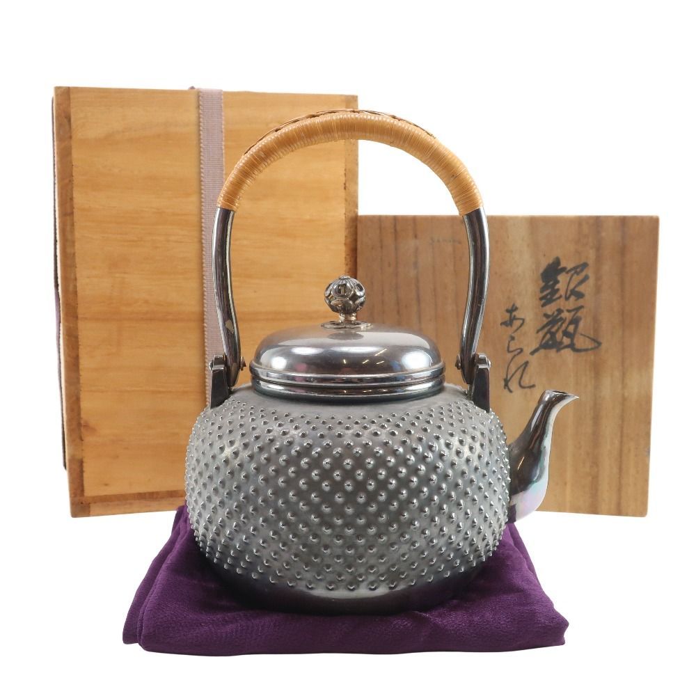 純銀製 般若心経文彫 玉摘 湯沸 銀瓶 煎茶道具 煎茶道具 銀瓶