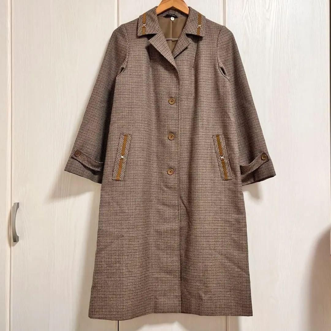 VINTAGE フランス製コート Akylon 千鳥格子柄 チェック M ヴィンテージ ロングコート レトロコート ブラウン