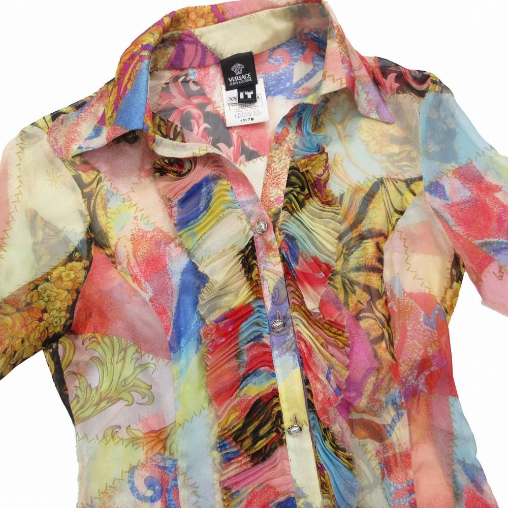 ヴェルサーチェ ジーンズ クチュール VERSACE JEANS COUTURE シルク シアー 総柄 シャツ ブラウス XS マルチカラー ur44 【中古】 ヴェルサーチェ ジーンズ クチュール VERSACE JEANS COUTURE