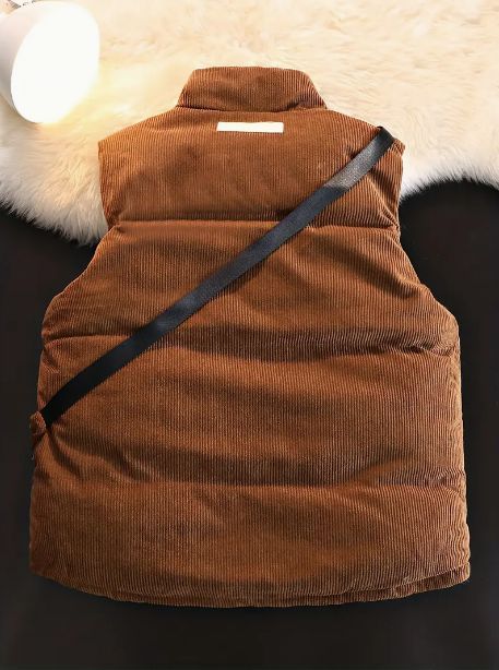 ベスト ダウンベスト ポケット付き 40代 メンズ 大きいサイズ ソリッドストライプ コーデュロイ ノースリーブジャケット アウトドア アクティビティ用 小型クロスボディバッグ付き カジュアル ジップアップベスト クロスボディバッグ ブラウン 茶色