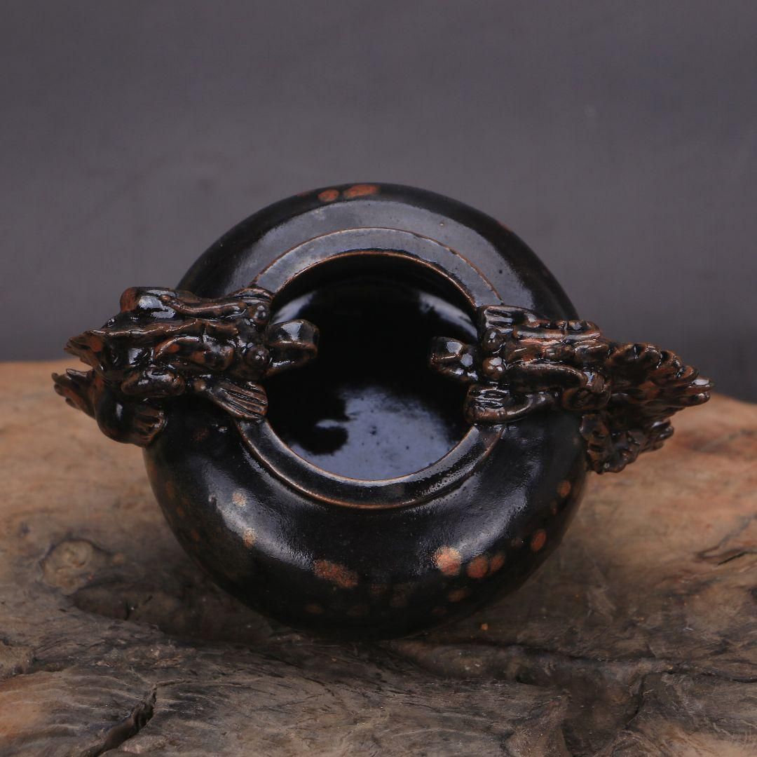 宋  黒釉点彩双耳竜紋三足香炉   陶磁器 装飾品 現代工芸品美術品 置物 宋 黒釉点彩双耳竜紋三足香炉 陶磁器 装飾品 現代工芸品美術品