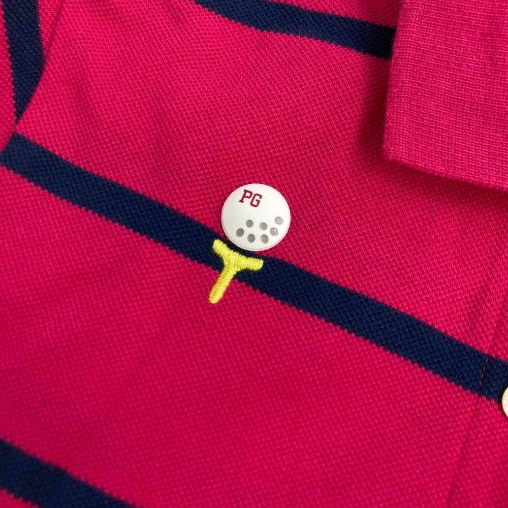 美品  パーリーゲイツ フリル付き赤ボーダーゴルフ用ポロシャツ ０ 日本製 パーリーゲイツ PG ニコちゃんドットサッカーフリルスリーブポロシャツ