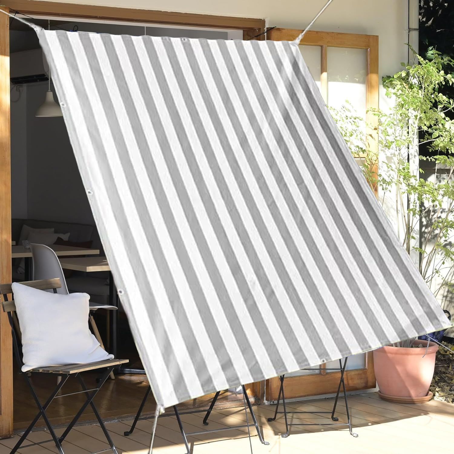 売切注意 お早めに 2x2m 雨よけシェード シェード オーニング 撥水サンシェード 日除け シェード屋外 サンシェードベランダ UVカット 日除け 庭用 廊下 バルコニー用 ウッドデッキの雨よけ 簡単設置 固定ロープ 付 グレー白縞