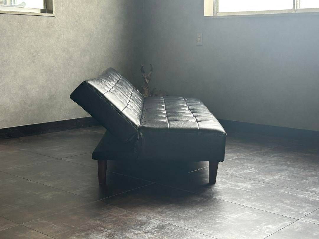 希少　3Pソファ　ソファベッド　ブラックレザー　ボタンダウン　ヴィンテージ　IH 希少 3Pソファ ソファベッド ブラックレザー ボタンダウン