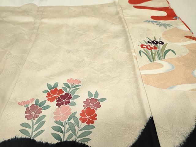 平和屋本店□極上 訪問着 駒刺繍 草花文 黒地 金彩 鬼しぼ縮緬 