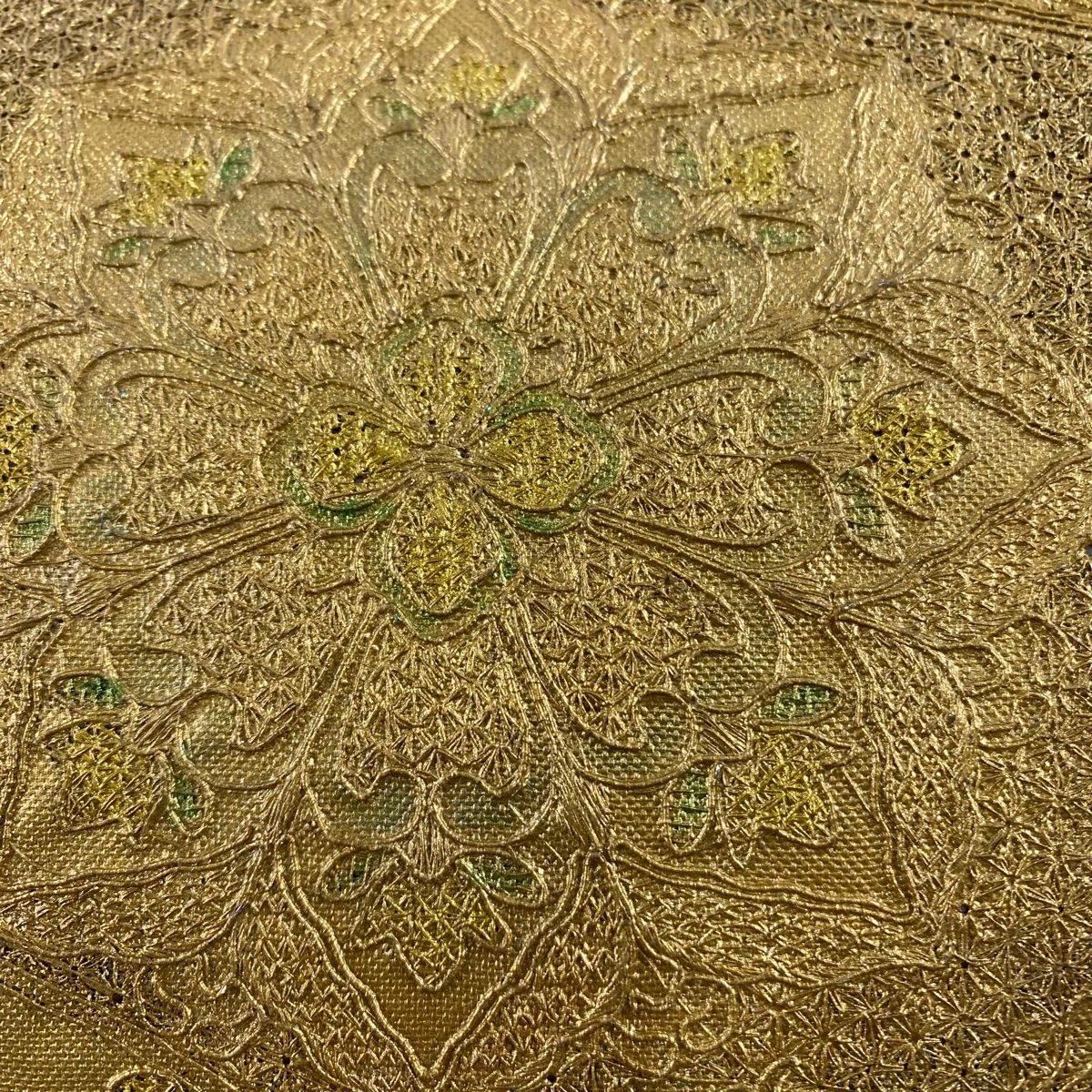 袋帯 秀品 華文 花唐草 金彩 刺繍 青緑 お太鼓柄 正絹 【中古