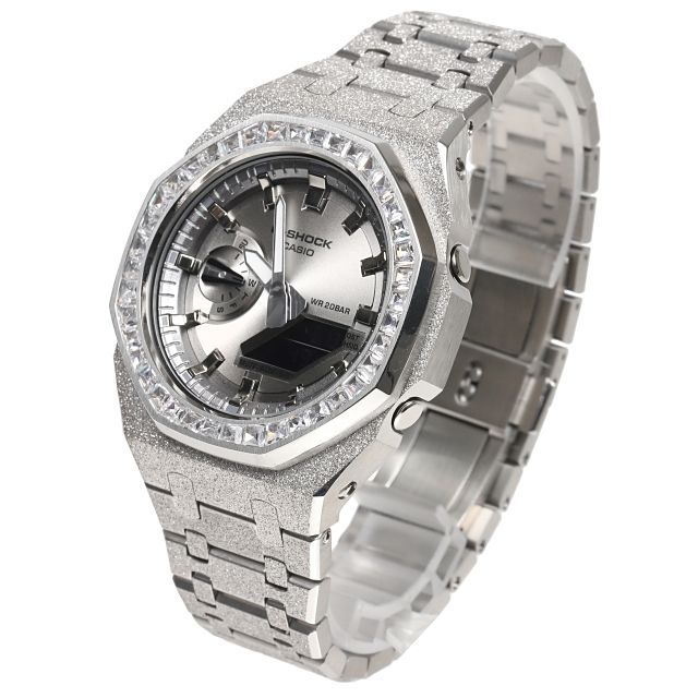 G-SHOCK GA2100SB フロステッド シルバー カスタム シルバー文字盤 バゲッドカットCZダイヤベゼル キュービックジルコニア カシオーク ステンレス製 ショールーム展示品