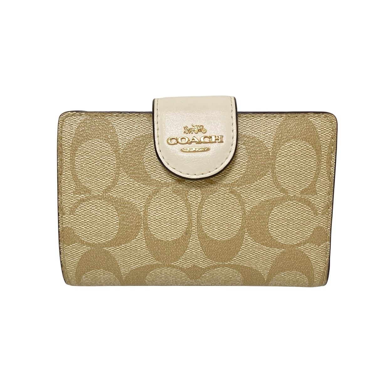COACH コーチ 2つ折り財布 シグネチャーミディアムコーナージップ ウォレット C0082 カーキ×アイボリー L字ファスナー レザー