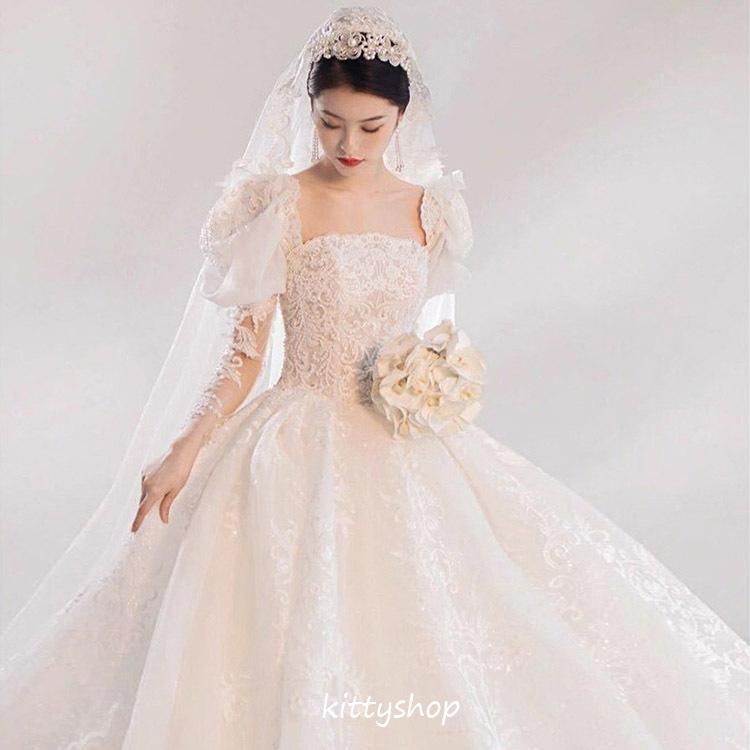 ウェディングドレス 袖あり 結婚式ドレス トレーンドレス ホワイトドレス 海外挙式 花嫁ドレス 長袖 パフスリーブ エレガント キレイめ