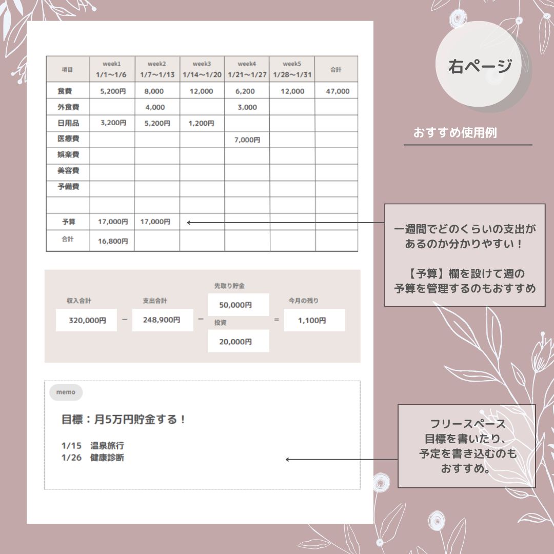 シンプル家計簿【1年分】年間収支管理表付き🍀オリジナル家計簿🍀ルーズリーフ家計簿🍀ハンドメイド - メルカリ