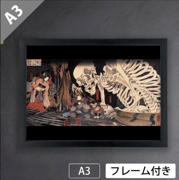 歌川国芳 相馬の古内裏 1845年 - 1846年頃 アートポスターA3 マット紙 フレーム付 黒 ＆葛飾北斎 岩松院 八方睨み鳳凰図 1848年 アートポスターA2 マット紙 フレーム付 黒 2枚セット JP