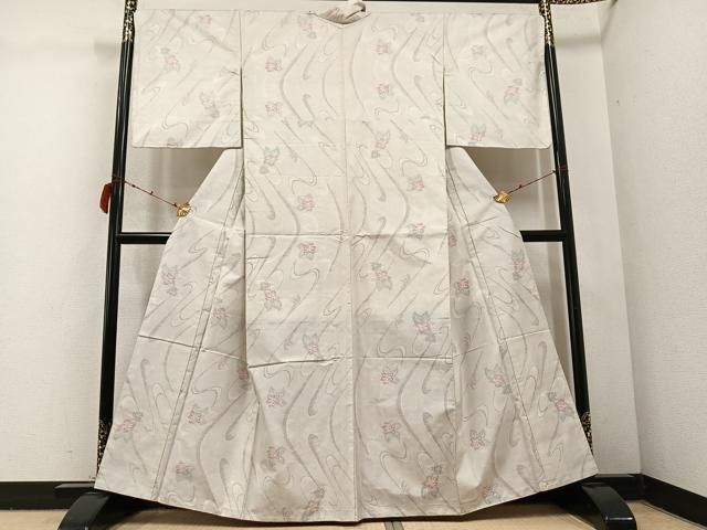 平和屋着物●本場大島紬 白大島 カタス9マルキ 流水草花文 正絹 ♥ AABC4459ph