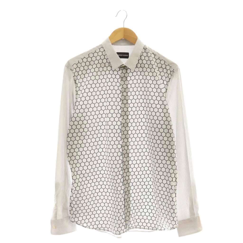 エンポリオアルマーニ EMPORIO ARMANI シャツ ストライプ 総柄 長袖 42 16 1|2 ホワイト ブラック |DF GY53