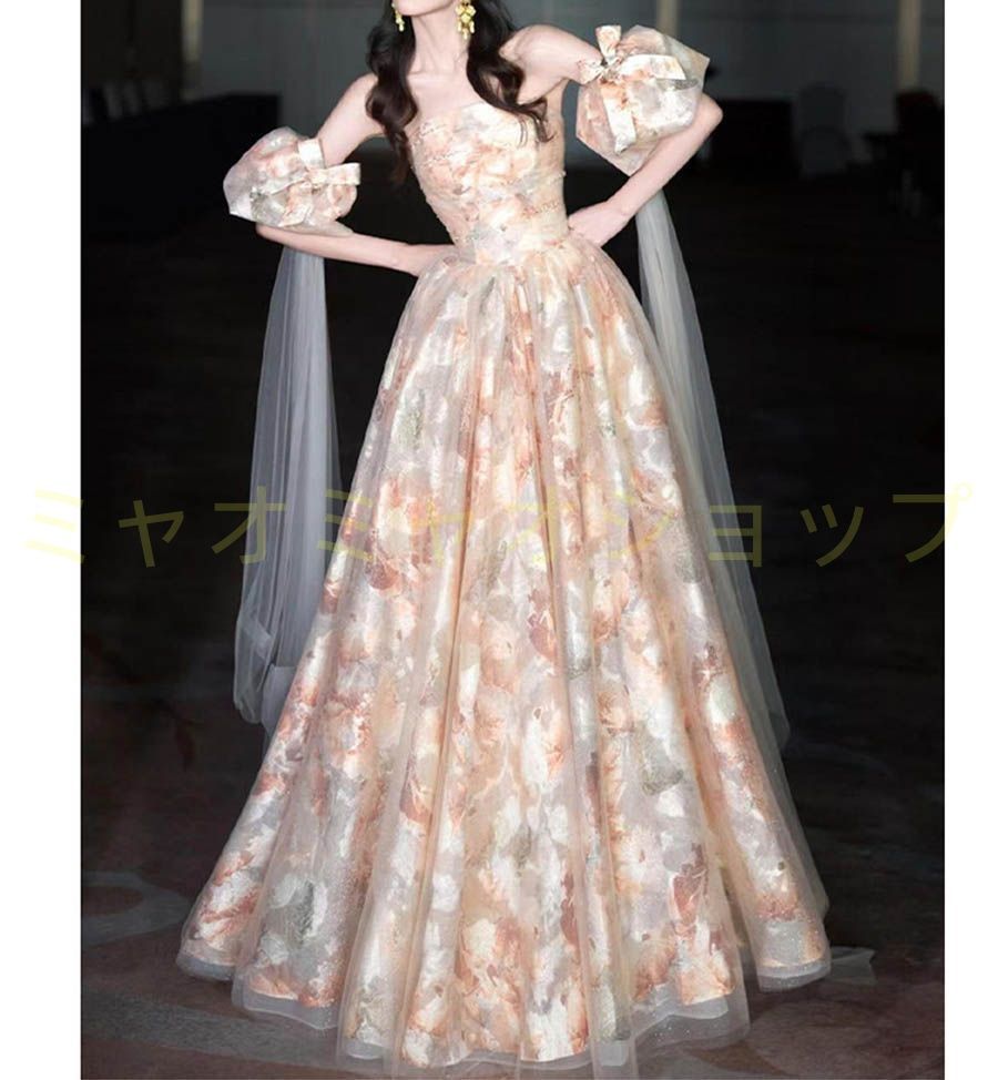 カラードレス カクテルドレス ロングドレス パーティードレス 発表会 演奏会 ステージドレス イブニングドレス 花柄 オフショルダー 結婚式 二次会 成人式 卒業式 プリンセスドレス 1314