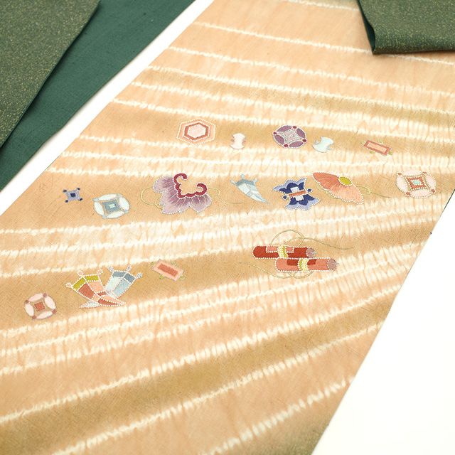 袋帯 振袖用 正絹 波に梅紋様 ゴールドx多色 パステル色系 金糸 六通