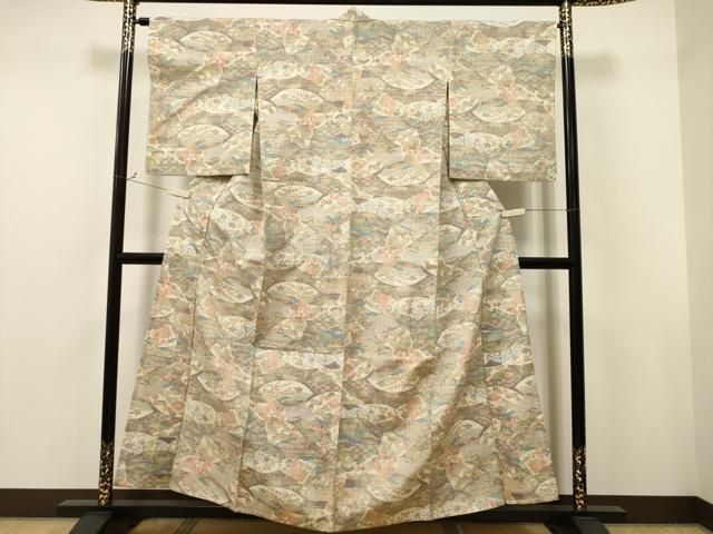 平和屋着物▽小千谷紬 単衣 地紙草花文 正絹 逸品 CAAT0777dy